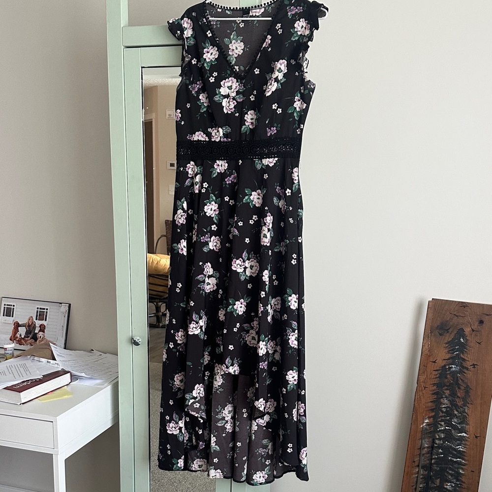 SHEIN Black Floral High Low Dress